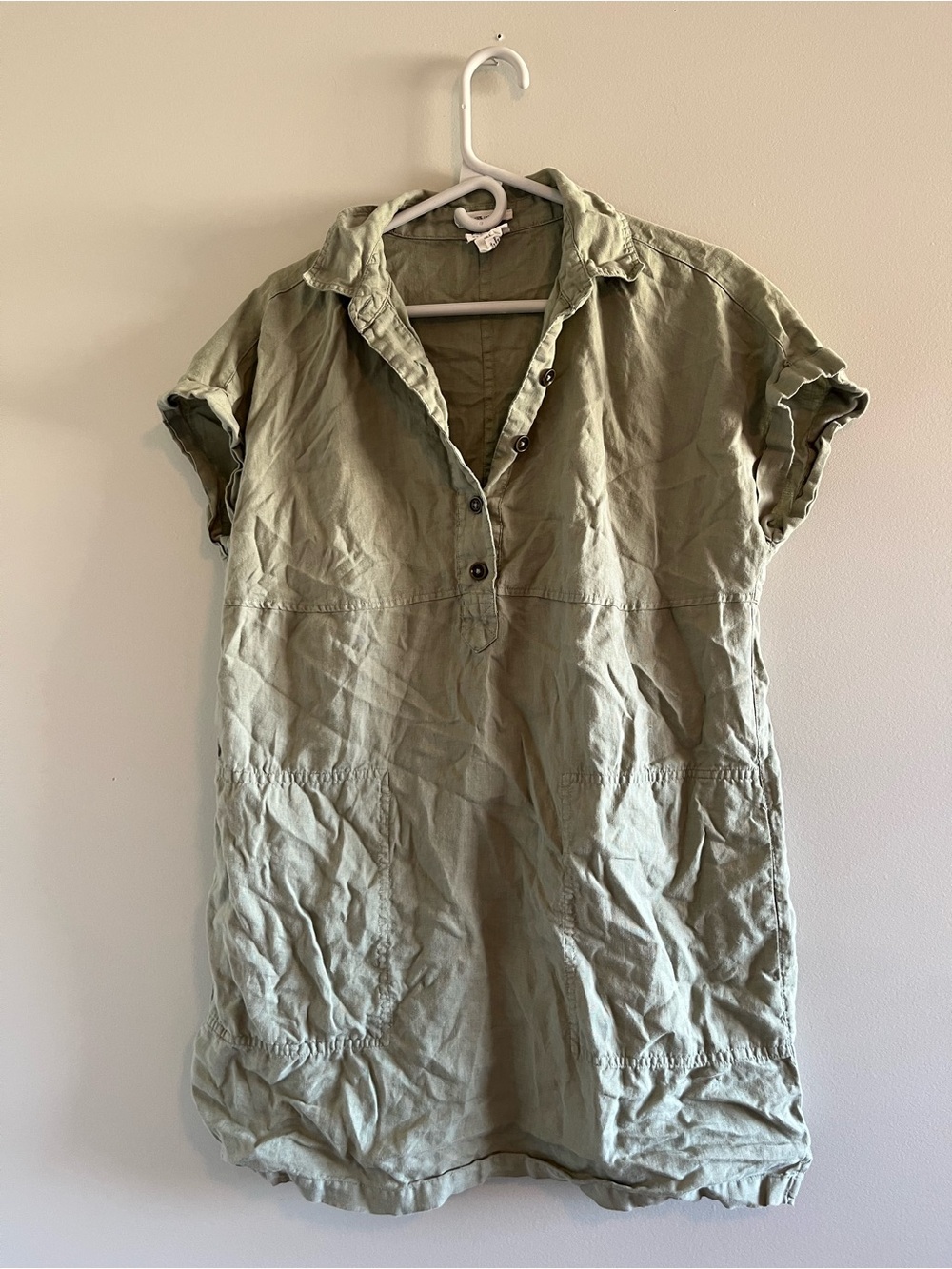 Nicole Miller Linen Relaxed Olive Green Short-Sleeve Shirt Dress
